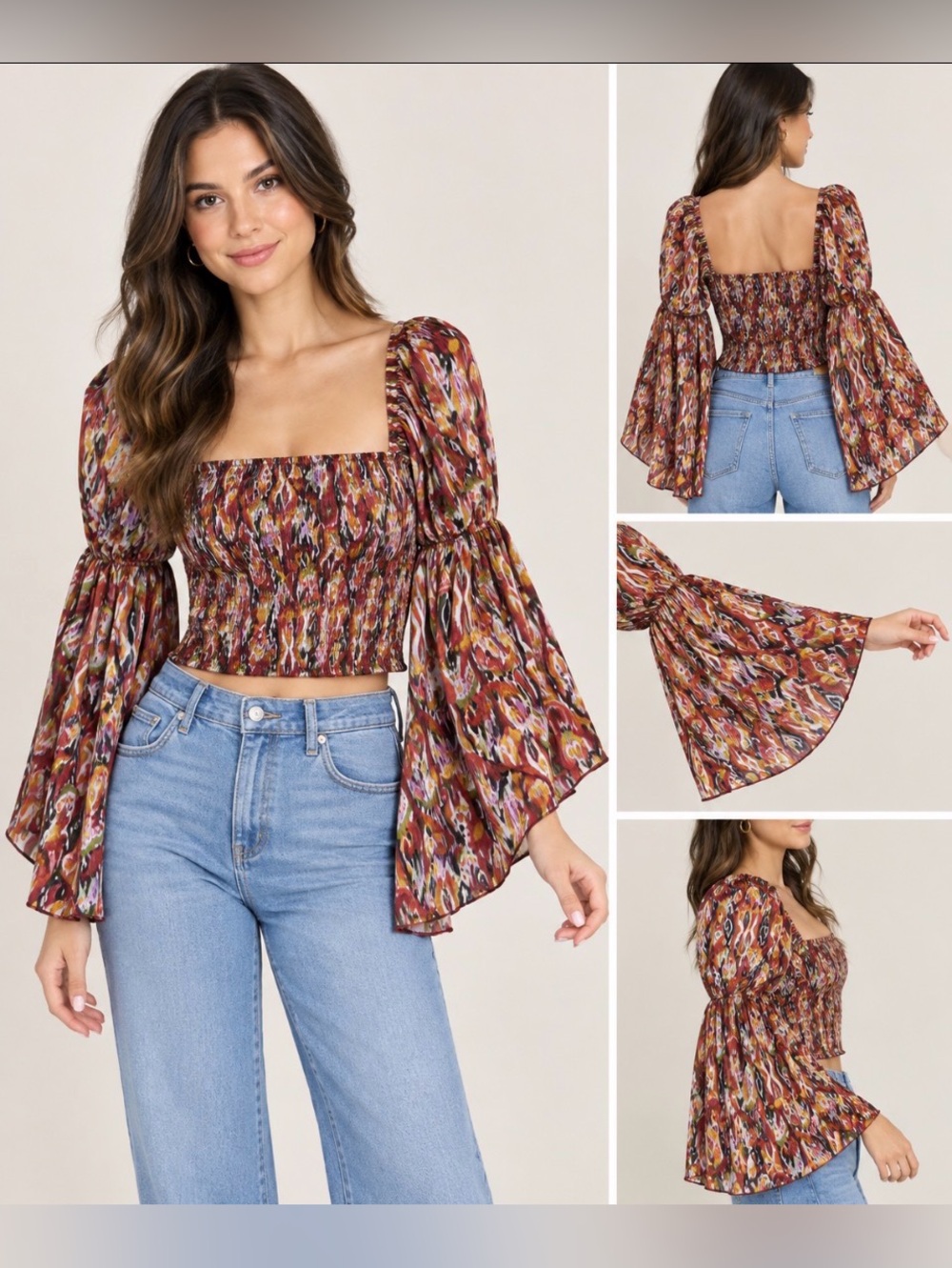 Live 4 Truth Size M Floral Boho Crop Top Bell Sleeve Blouse